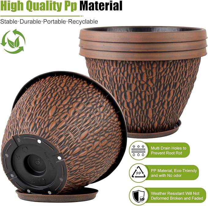 4 Pack Flower Pots Outdoor 10 Inch Plant Pot with Drainage Hole &amp Tray Thickened Plastic Planters for Indoor Outdoor Plants Lightweight Brown Decorative Garden Pot with Saucer