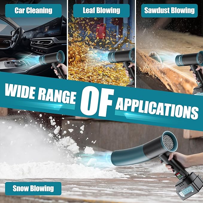 Hamos Powerful Car Dryer Air Blower 670CFM Airflow 4-Speed 4Lb Max Thrust 4.0Ah Battery and Charger 2 Extended Tube &amp LED Super Electric Leaf Blower for Car/Lawn/Garage/Patio/Yard (Dark Blac