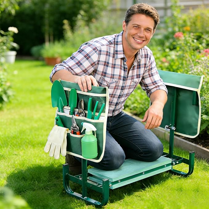Adjustable Garden Kneeler and Seat Foldable Garden Kneeler and Seat with Wider Kneeling Pad and 2 Tool Pouches Height Adjustable Heavy Duty Gardening Stool