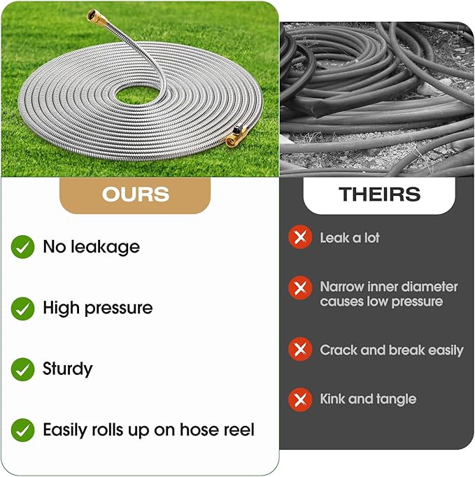 50FT Stainless Steel Metal Garden Hose - Lightweight Kink-Free &amp Tangle-Free Flexible with Brass Fittings On/Off Valve Pet Proof Puncture Proof for Yard RV Car Washing (Silver)