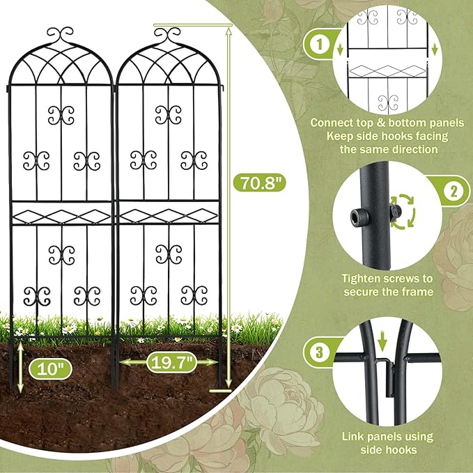 2 Pack 70.8 H x 19.7 W Arched Metal Garden Trellis for Climbing Plants Outdoor - Tall Rust-Resistant Decorative Climbing Rose Trellis Perfect for Roses Vines Vegetables Flowers Black