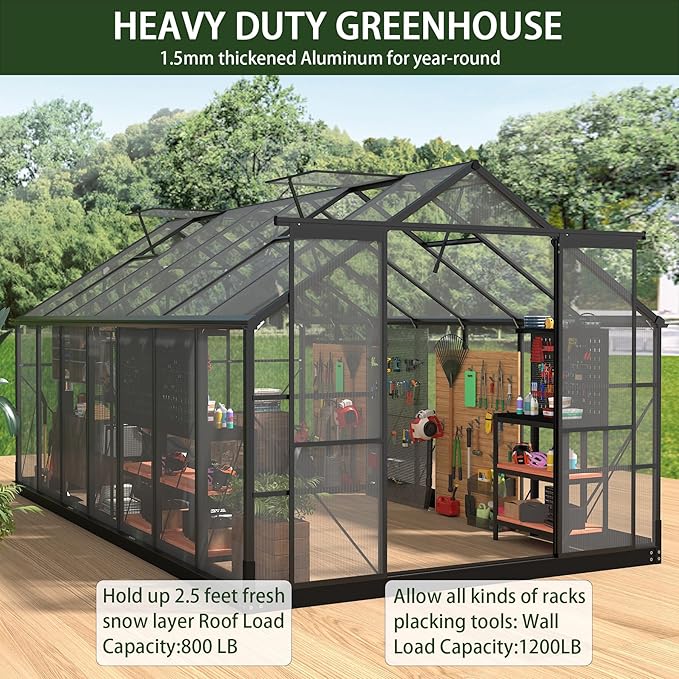 Pipleo Polycarbonate Greenhouses 8x16 FT Green House with 4 Adjustable Roof Vents Walk-in Aluminum Frame Greenhouse with Sliding Door