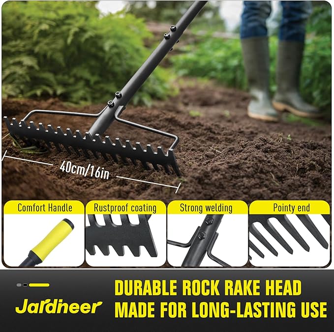 Jardineer Bow Rake Heavy Duty Long Handle Metal Rakes for Gravel Rocks Lawns Leaves Soil Leveling Landscaping Garden Rake with 18 Steel Tines (59 Inches)