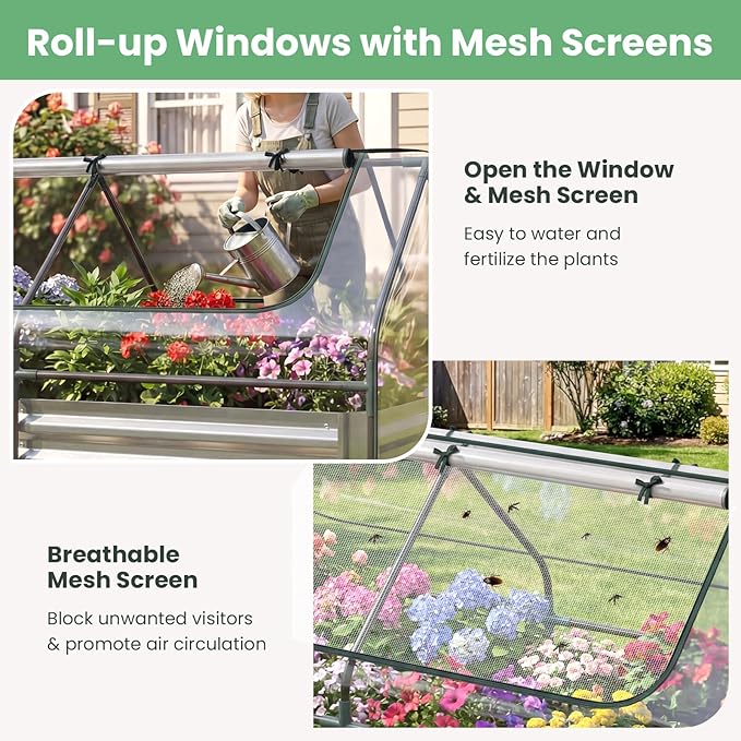 HAPPYGRILL Raised Garden Bed with Cover Galvanized Metal Planter Box Kit w/2 Large Zipper Mesh Screen Windows Outdoor Raised Beds for Gardening Flowers Vegetables (Silver)