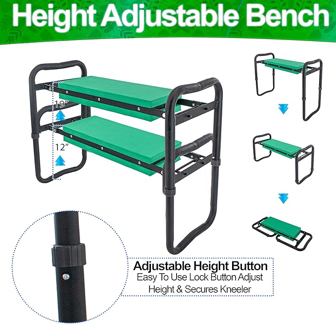 5 STAR SUPER DEALS Adjustable Garden Kneeler &amp Seat with Handles - Heavy-Duty Outdoor Foldable Portable Garden Stool with Thick EVA Foam Pad Multi-Purpose Gardening Bench for Kneeling and Sittin