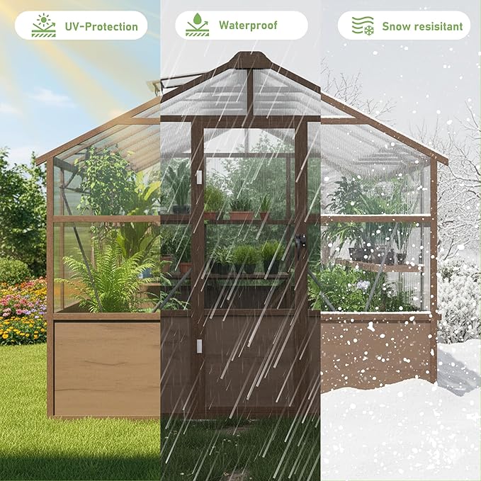 8x14 FT Wooden Greenhouse for Outdoors Walk in Polycarbonate Greenhouse with Locked Door and Roof Vent Heavy Duty Green Houses with Cedar Frame for Outside Garden Backyard Brown