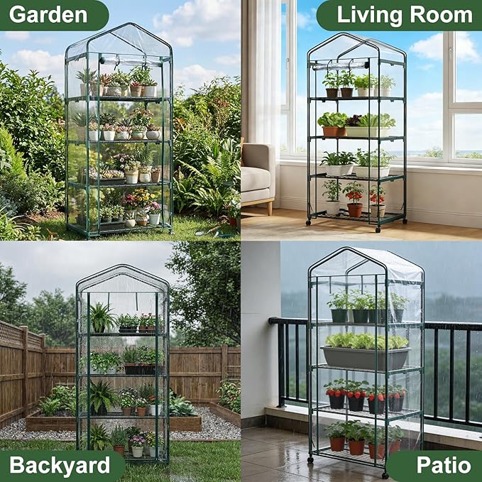 NEWBULIG Mini Greenhouse for Outdoors 4-Tier Portable Green House with Wheels and Clear PVC Cover All-Weather Plant House for Outside and Indoor27.17 x 19.29 x 65.35 Inches