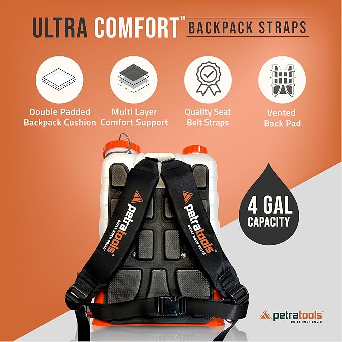 PetraTools Battery Powered Backpack Sprayer 4 Gallon - 8 Hours Long Battery Life &amp Padded Straps for Comfort - HD4000 Electric Backpack Garden Sprayer with 9 Spray Nozzles (HD4000 Pro Series)