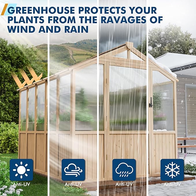 Restland 6x8 FT Wood Greenhouse for Outdoors Reinforced Frame Walk-in Greenhouses with Adjustable Roof Vents &amp Lockable Door Polycarbonate Green House for Outside
