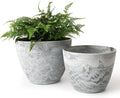 LA JOLIE MUSE Flower Pots Outdoor Garden Planters Indoor Plant Pots with Drainage Holes Plastic Marble Pattern Grey Set 2 (8.6 + 7.5 Inch)