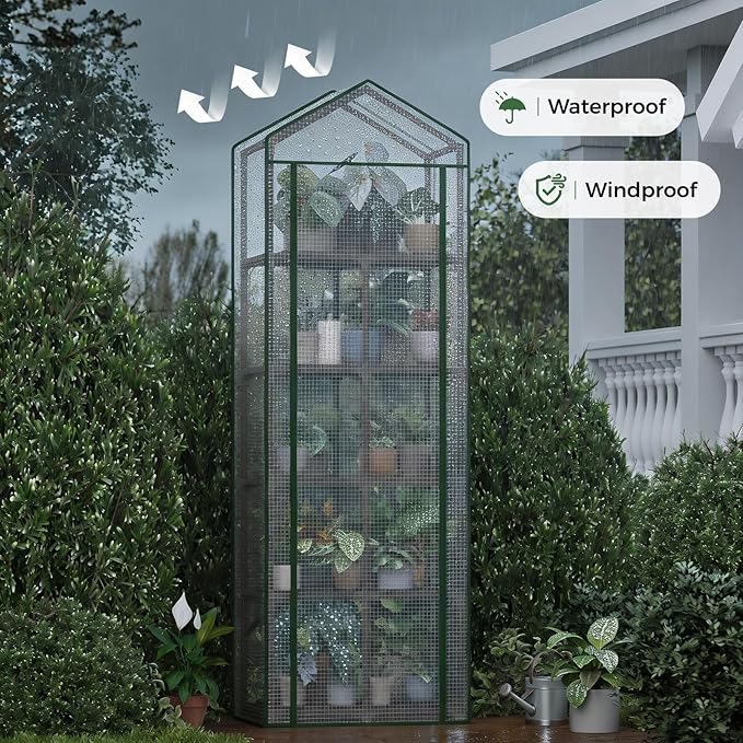 Bamworld 5-Tierd Outdoor Greenhouse 22 L×16 W×81 H Portable Green House with PE Cover Garden and Backyards Plant Shelves with Sturdy Eucalyptus Frame Roof Plant Stand Flower Pot Stand Display Rack