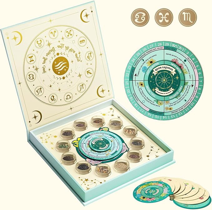 Lush&ampDew Zodiac Garden Seed Bank Gardening Gifts for Women Men 12 Varieties Non-GMO Vegetables Herb Seeds in Seed Organizer Magnetic Gift Box Witchcraft Supplies with Moon Calendar (Water Sign