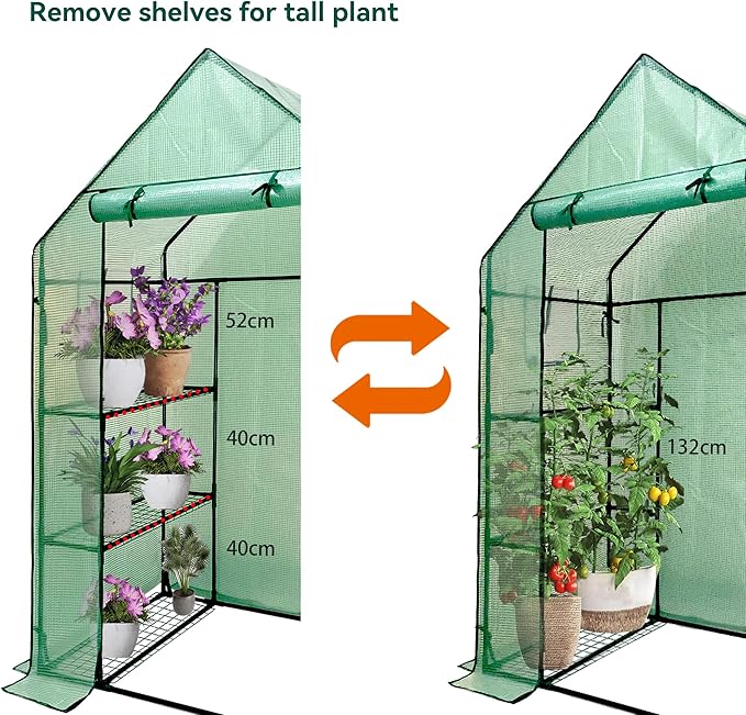 Heyfurni Walk in Greenhouse with ShelvesWalk-in Plant Green House with Durable Green PE Cover 3 Tiers 6 Shelves Stands with Ground Pegs &amp Ropes for Stability 56x28x76