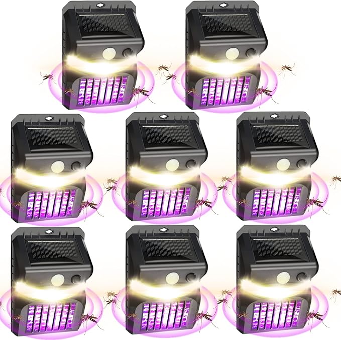 8 Packs Bug Zapper Outdoor 3 in 1 Mosquito Zapper Black Solar Bug Zapper Electric LED Light Mosquito Killer Lamp with Motion Sensor for Outdoor Backyard Patio Camping
