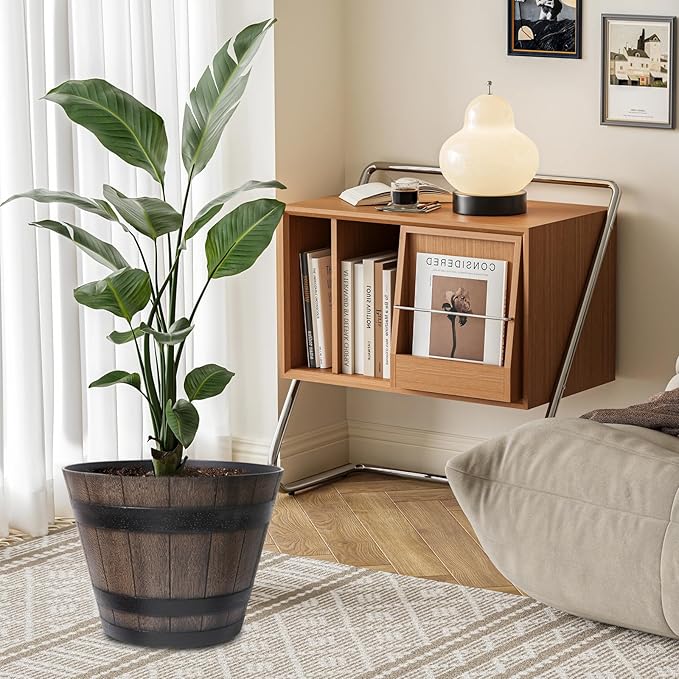 Large Plant Pots 20 Inch 2 Pack Plastic Whiskey Barrel Planters Big Flower Pots Wine Barrel Design for Outdoor Indoor Garden Porch Patio Backyard
