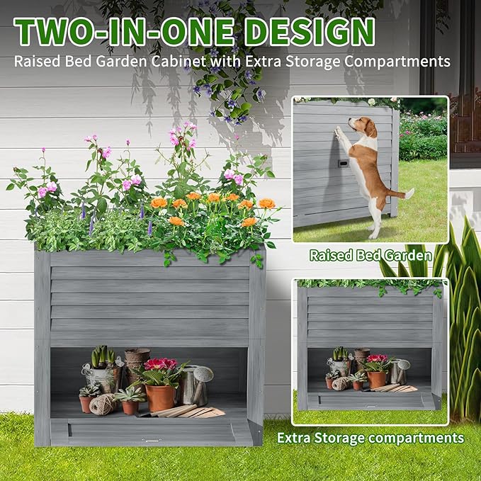 DoCred Wooden Raised Bed Garden with Storage Box 34 x 18 x 30 Elevated Large Planter Box for Herbs Vegetables Flowers Backyard Patio Gardening Balcony