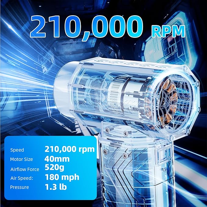 Turbo Dryer Blower for Car 180MPH/1.3LB Thrust Car Dryer Air Blower 400W 40mm Brushless MotorBlow Away 2 cans of Coke EasilyInfinitely Variable Speed for Car Home &amp Outdoors (Blue)