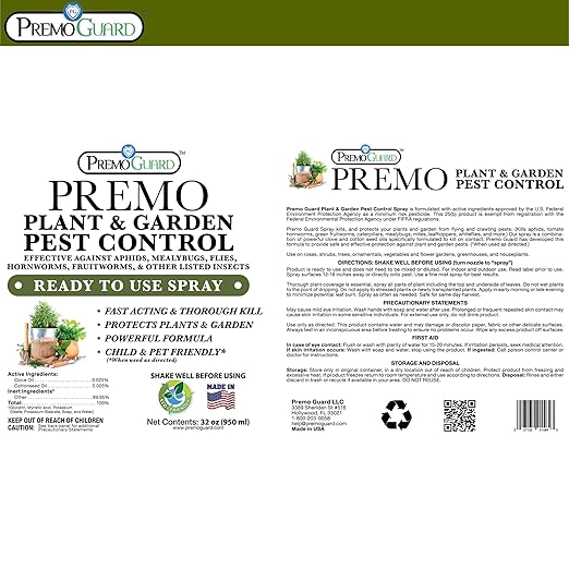 Plant &amp Garden Pest Control by Premo Guard - 32 oz - Insect &amp Disease Control for Organic Gardening - Effective Natural Plant Based Formula for Inside &amp Outside Plants