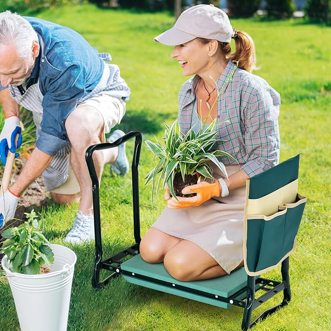 TANGZON Foldable Garden Kneeler and Seat 2-In-1 Gardening Stool with Thickened EVA Foam Pad Detachable Tool Pouch &amp Handles Portable Gardener Bench for Seniors (1 Green+Beige Tool Pouch)