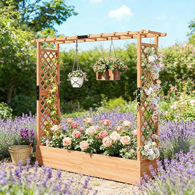 Vertical Space Saving Trellis Planter Box - All-in-One Fir Wood Design with Drainage Grows Climbing Roses Cucumbers &amp More in Small Areas