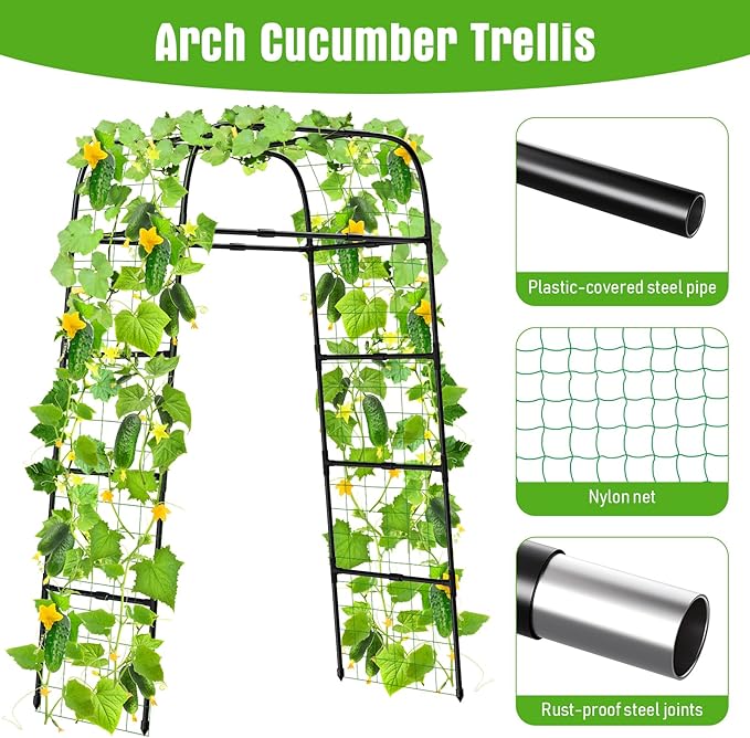 7ft Garden Arch Trellis for Climbing Plants Outdoor-Heavy Duty Metal Cucumber Trellis for Raised Beds- Tall Steel Vegetable Arbor for Climbing Vine Fruit Flower Yard Lawn Arch Tunnel Trellis