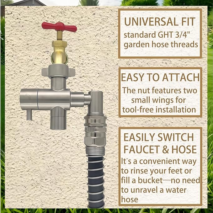 G-Sunny Stainless Steel Multi-Function Outdoor Faucet with Garden Hose Adapter Garden Hose Splitter with Extra Tap for Hand Washing Bucket Filling