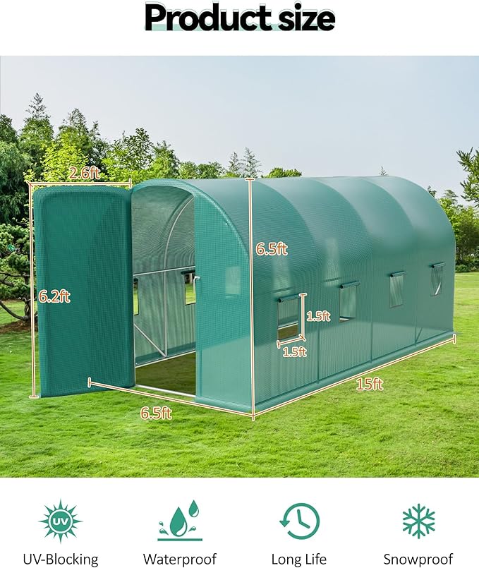 Walk-in Tunnel Greenhouse 6.5 x 15 x 6.5 FT Large Outdoor Greenhouse with Door &amp Vent Windows Heavy-Duty Frame and Green PE Cover for Backyard Gardening