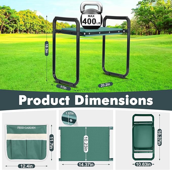 FEED GARDEN Garden Kneeler and Seat Upgraded Foldable Gardening Stool with 10.23 Wide Kneeling Pad Heavy Duty Gardening Bench Chair with 2 Tool Pouches Gardening Gifts for Seniors Mom Women Men