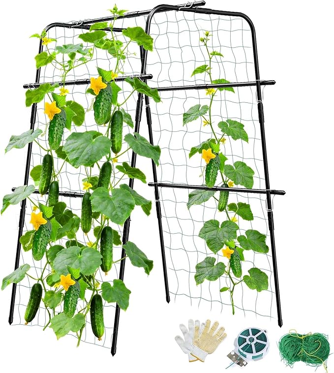 Cucumber Trellis for Raised Bed and Garden 47 H x 31 W U-Shaped Metal Garden Trellis for Climbing Plants with Nylon Netting Vegetable Support Frame