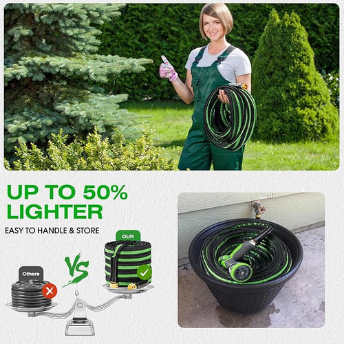 15FT Lightweight Super Flexible Garden Hose - Kink-Free Non-Expanding Easy Storage for Yard Lawn Outdoor Use (Black-Green)
