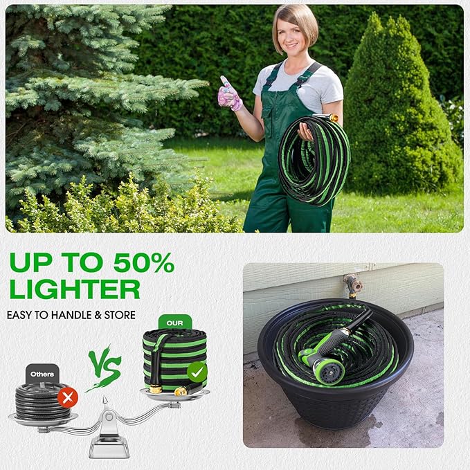 75FT Lightweight Super Flexible Garden Hose - Kink-Free Non-Expanding Easy Storage for Yard Lawn Outdoor Use (Black-Green)