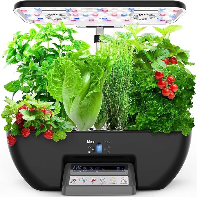 Herb Garden Kit17 Pods Hydroponics Growing System with 28W Full-Spectrum Grow Lights &amp 2 Fans Indoor Garden with Water Pump 10L Water Tank Auto Timer Height Adjustable