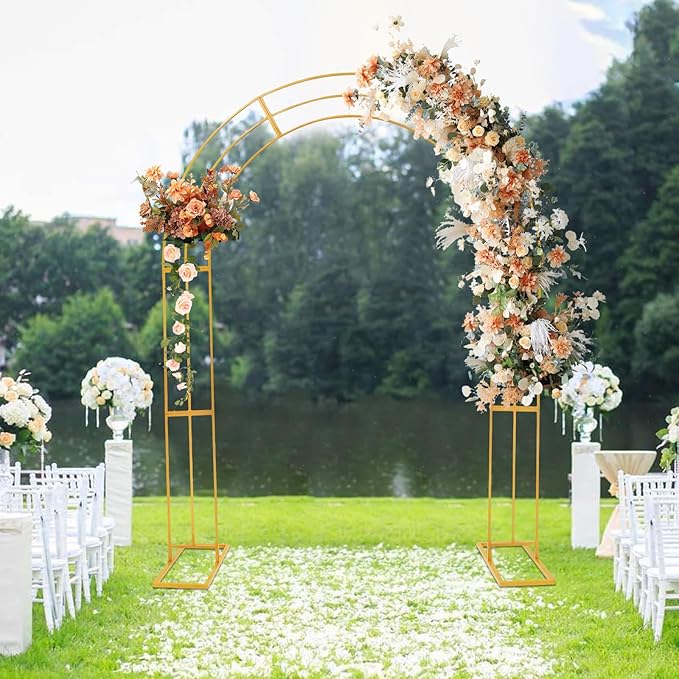 Metal Wedding Garden Arch Trellis: 8.53Ft Heavy Duty Backdrop Balloon Archway Decoration Stand with Sturdy Base - Indoor Outdoor Party Ceremony Arches Frame Climbing Flower Plant Garden Arbor Gold