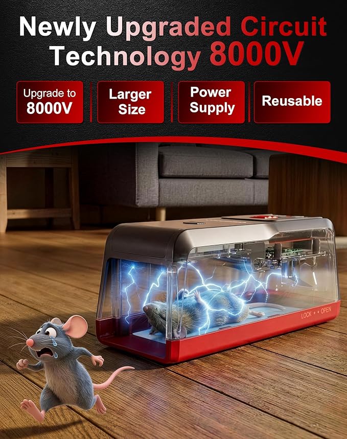 Electric Mouse Trap Zapper Large High Voltage Instant Kill Rat Trap Reusable Humane Mouse Trap No-Touch Electronic Mice Traps Effective Mouse Traps Indoor for Home Kitchens Garages Red 1PCS