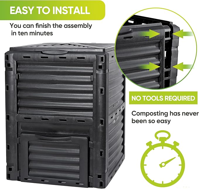 JupiterForce Garden Compost Bin 80 Gallon (300 L) from BPA Free Material Large Composting Bin Outdoor Composter with Gloves Easy Assembling Fast Creation of Fertile Soil Lightweight Black