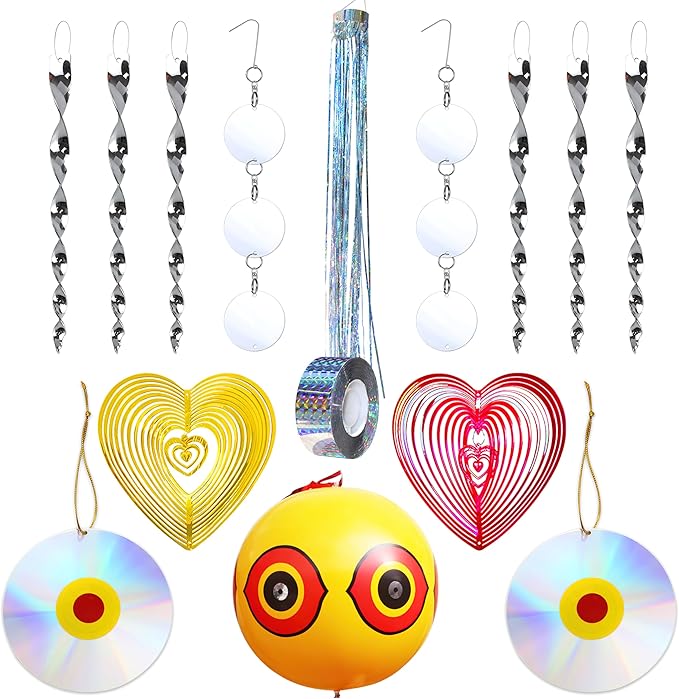 Bird Repellent Devices Kit14 PieceReflective Scare Rods Bird Scare Tape Discs Heart Wind Spinners Keep Woodpeckers Pigeons &amp Geese Away Effective Hanging Decor for Patio House Siding