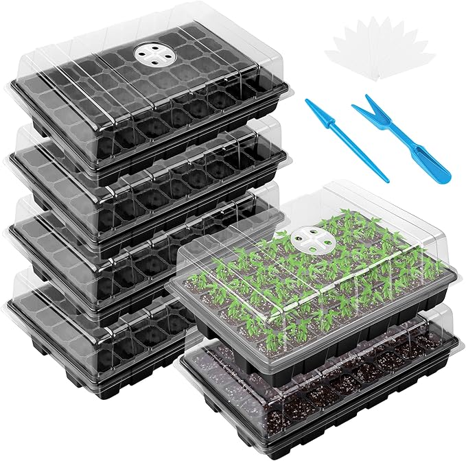 Elcoho 6 Pack Seed Starter Tray Kit 40 Cells Seedling Trays with Humidity Dome and Base Mini Propagator Plant Nursery Pots Total 240 Cells for Greenhouse Plants Growing Black