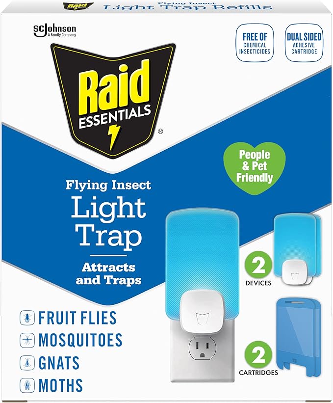 Raid Essentials Flying Insect Light Trap Starter Kit 2 Plug-In Devices + 2 Cartridges Featuring Light Powered Attraction