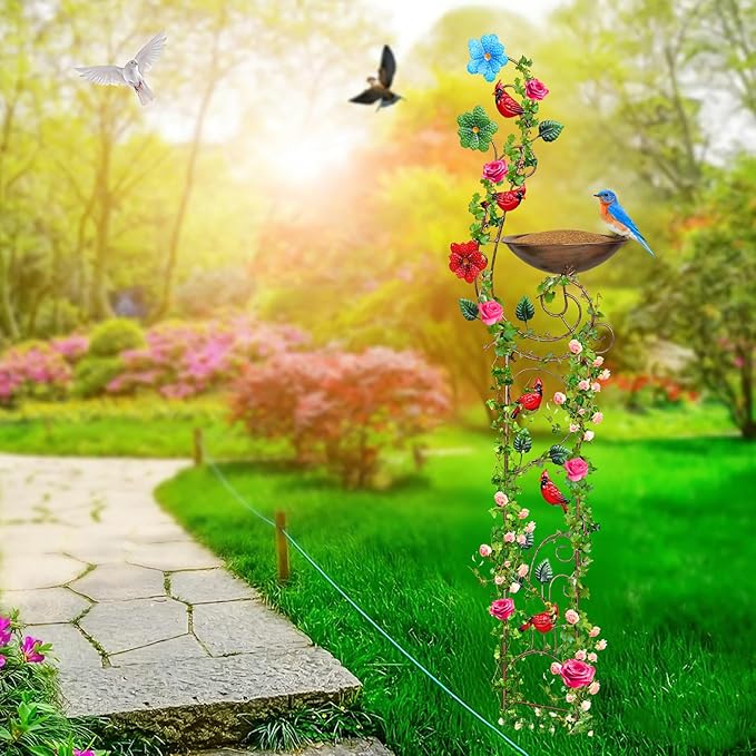 57” Bird Bath with Garden Trellis for Climbing Plants Outdoor Small Decorative Trellises Metal Birdbath Bird Baths 1 Piece (Redbird)
