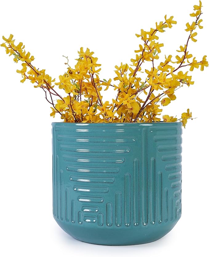 Handmade Ceramic Planter 16 Inch Diameter Teal Green with Textured Groove Pattern for Monstera and Fiddle Leaf Fig IndoorOutdoor Doorway Use Breathable Clay