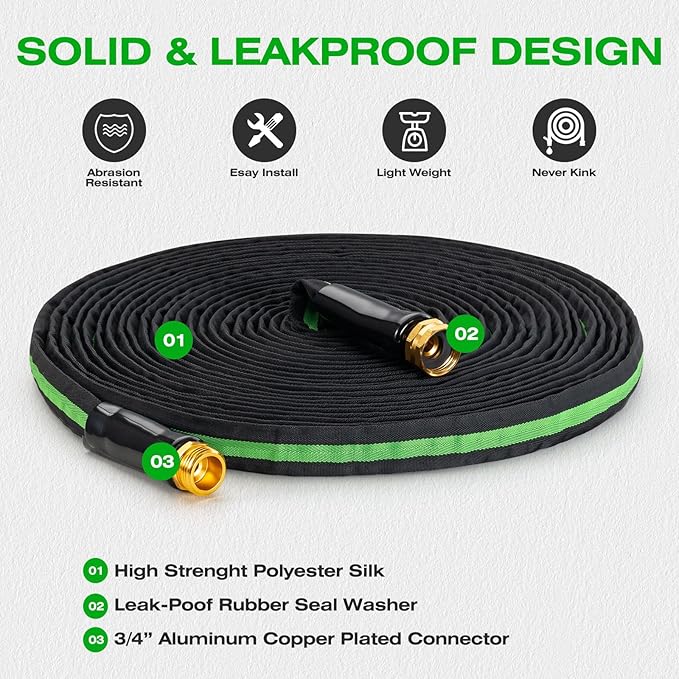 75FT Lightweight Super Flexible Garden Hose - Kink-Free Non-Expanding Easy Storage for Yard Lawn Outdoor Use (Black-Green)