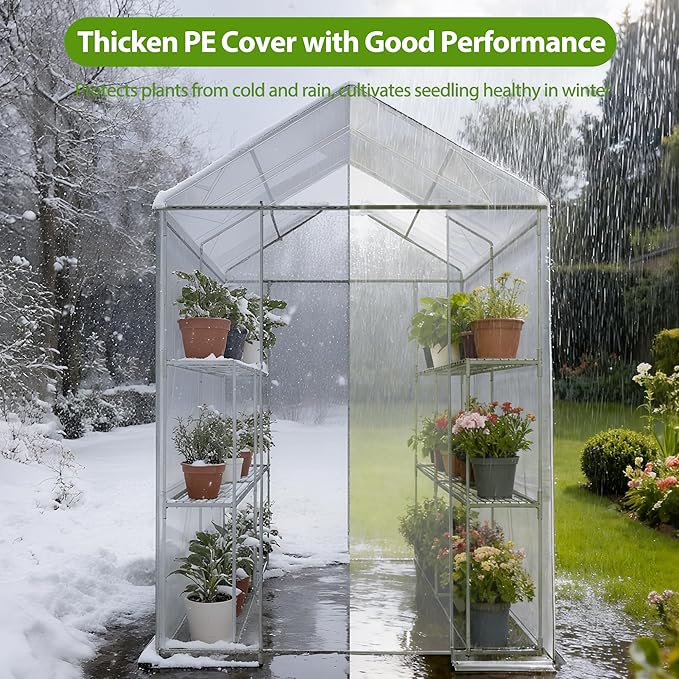 Walk-in Greenhouse 48 x 73 x 75 Inch Outdoor Plant Green House with 3 Tiers 12 Shelves Heavy Duty Steel Frame &amp Thicken PE Cover Portable Greenhouses for Balcony Patio Deck Gardening