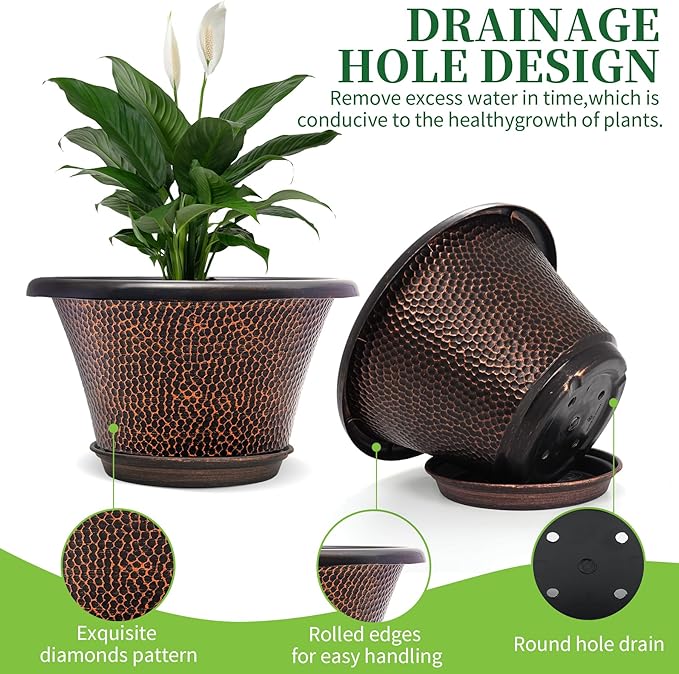 Quarut 12 Inch Pots for Plants4 Pack Large Flower Pots with Drainage Hole &amp SaucerModern Planters for Indoor Outdoor PlantsDecorative Resin Garden Pots Brown