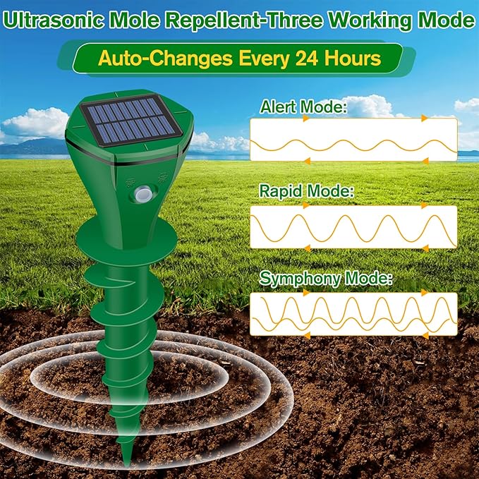 Mole Repellent Solar Powered UltrasonicDeer Repellent DevicesGopher Trap Groundhog RepellerSonic Spikes Get Rid of All Pests Vole ChipmunkCatSkunkSnakeMole Trap for Lawn Garden Yard (4P)