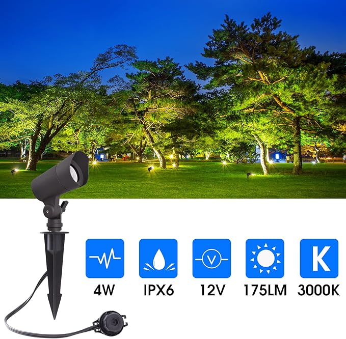 LED Landscape Lights with Connectors 12V Low Voltage Warm White 3000k 4W 175LM Outdoor Waterproof Garden Pathway Lights Wall Tree Flag Spotlights with Spike Stand 6 Pack