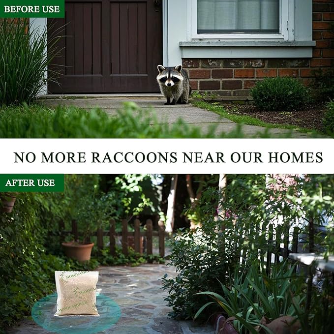 Natural Raccoon Repellent Granules | Eco-Friendly Non-Toxic &amp Long-Lasting Protection with Garlic Peppermint &amp Wintergreen Oils | Safe for Pets and Children |6-Pack (25g per Bag)