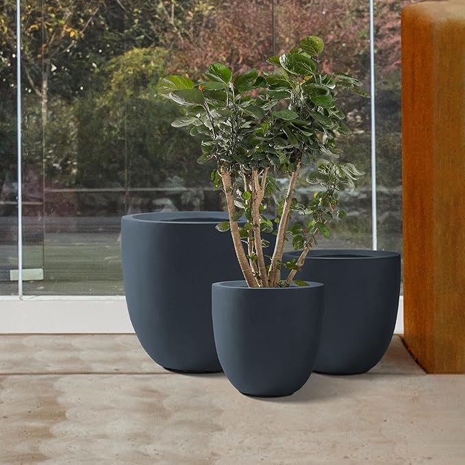 Kante 2016.513.4 Dia Round Concrete Planters (Set of 3) Outdoor Indoor Modern Decorative Plant Pots with Drainage Hole &amp Rubber Plug for Home &amp Garden Charcoal