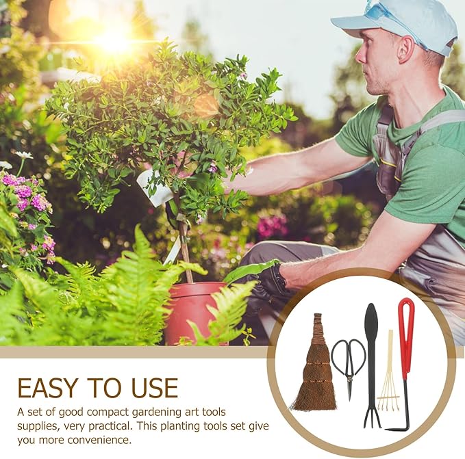 Kichvoe 5pcs Bonsai Garden Tool Set with Planting Shears and Digging Rake for Outdoor Gardening and Bonsai Care