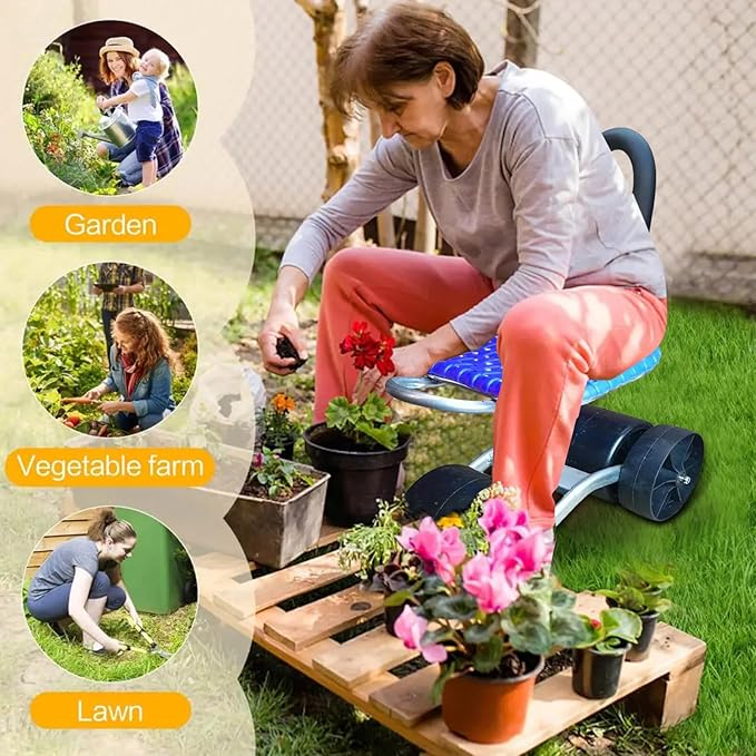 Garden Seat with Wheels Garden Cart Rolling Stool 360 Degree Swivel Foldable Gardening Seat with Adjustable Height Garden Cart for Outdoor Use