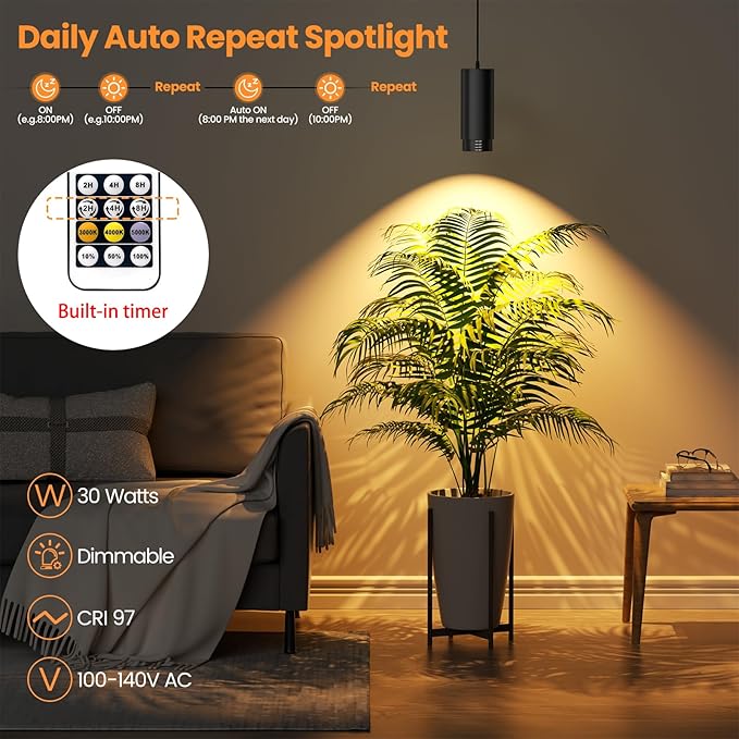 Remote Control Hanging Grow Lights for Indoor Plants 30W Hanging Plant Light with Auto On/Off Timer Full Spectrum LED Grow Light 3000K-5000K Dimmable Plug in Pendant Hanging Lights Black